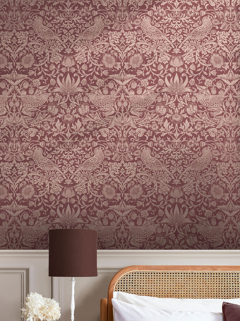 William Morris Strawberry Thief burgundy wallpaper sample A4 (British brand)