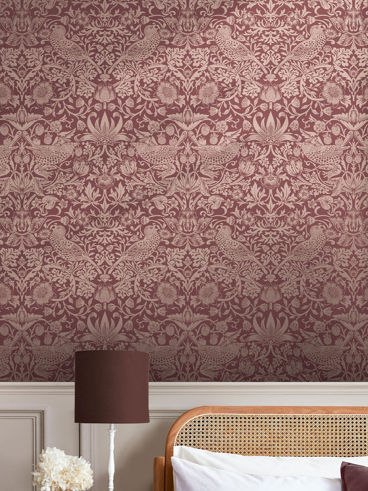 William Morris Strawberry Thief burgundy wallpaper sample A4 (British brand)