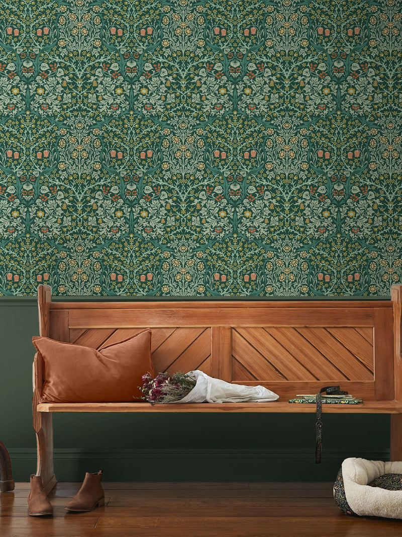 William Morris Blackthorn wallpaper sample Deep Green - British product