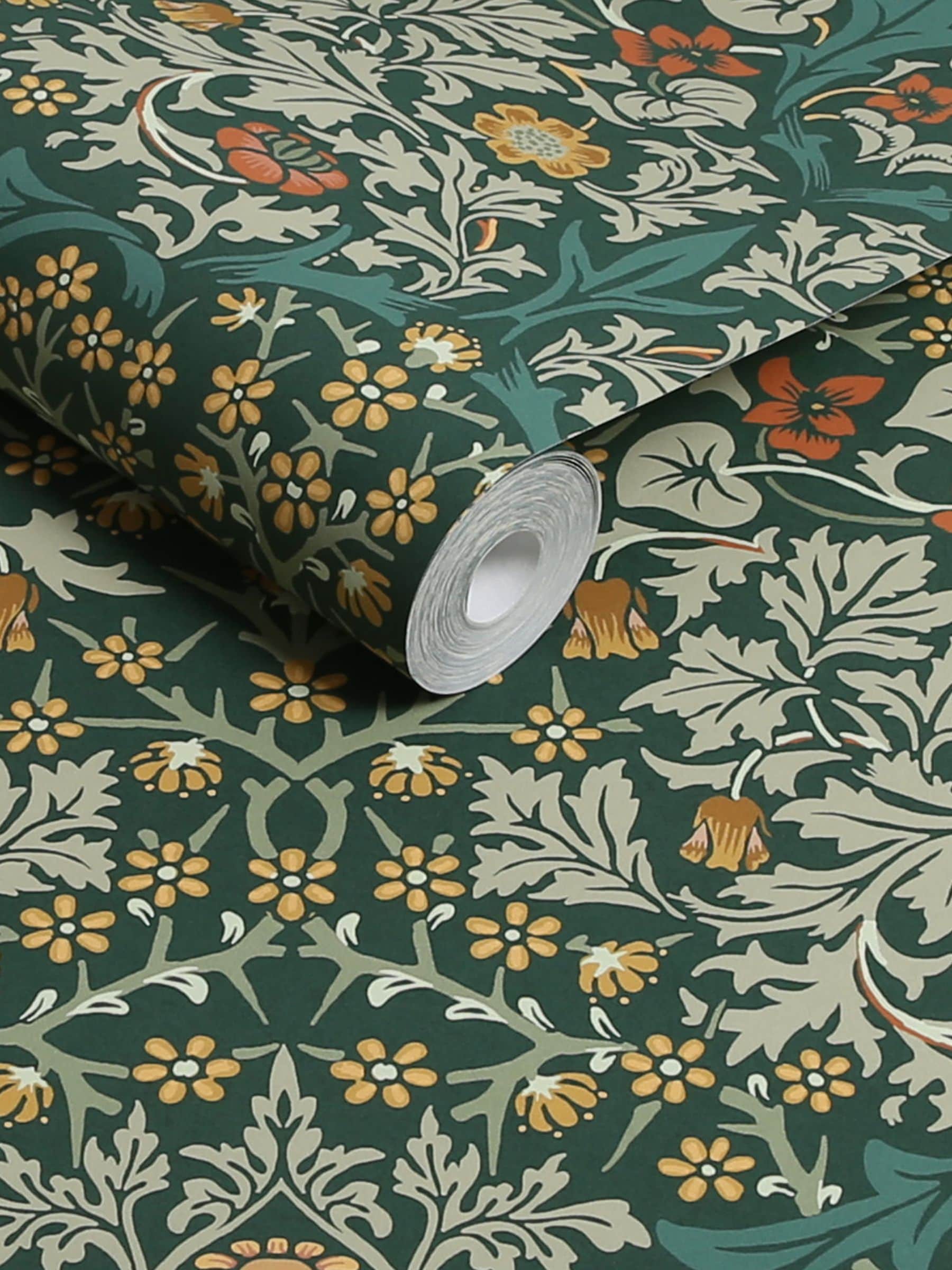 William Morris Blackthorn wallpaper sample Deep Green - British product