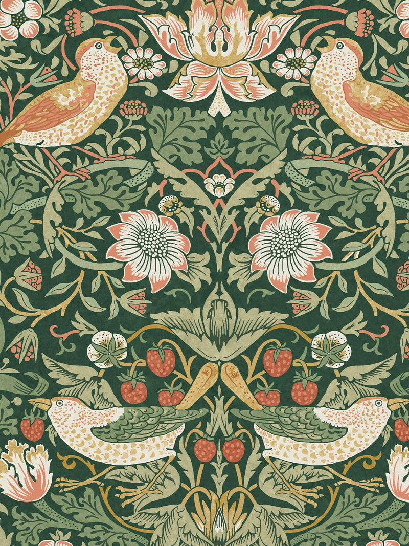 William Morris wallpaper sample Strawberry Thief Rich Green A4, UK version