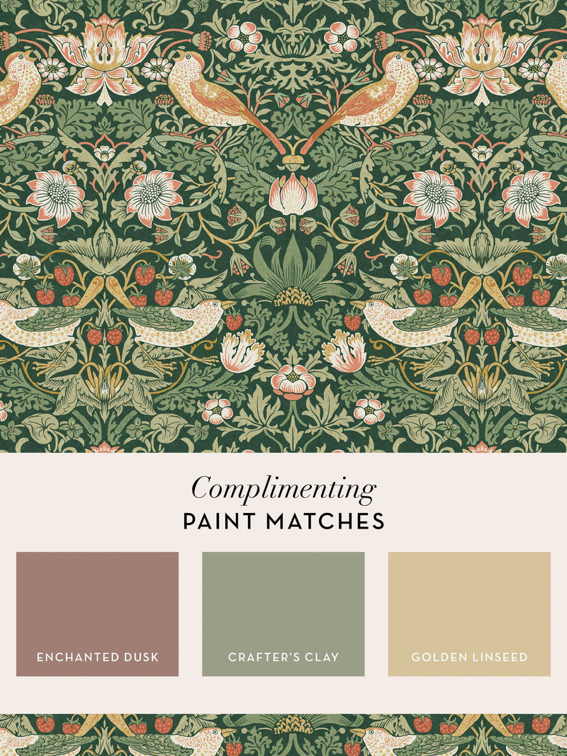William Morris wallpaper sample Strawberry Thief Rich Green A4, UK version