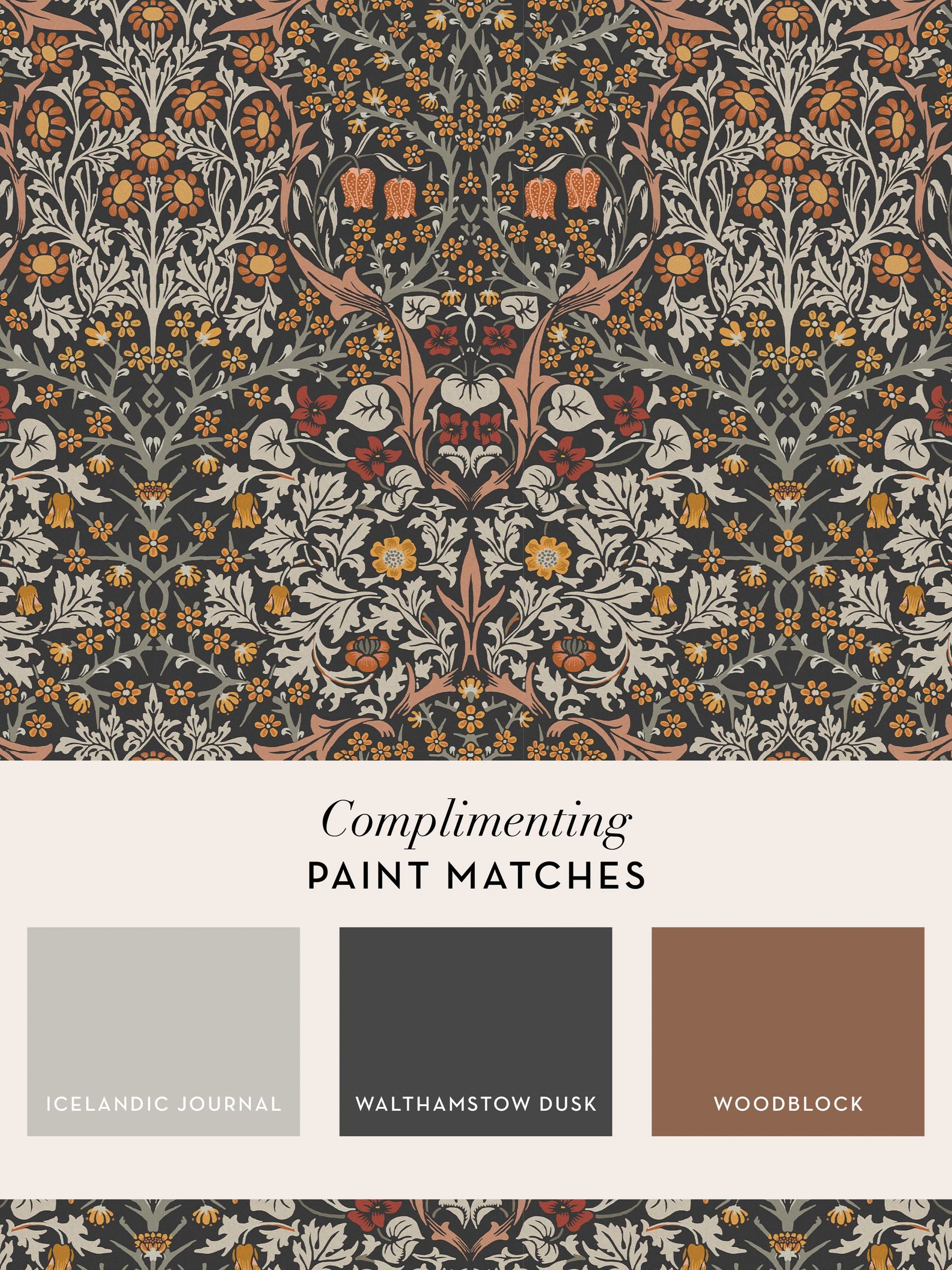 William Morris Blackthorn charcoal wallpaper sample A4, imported from the UK