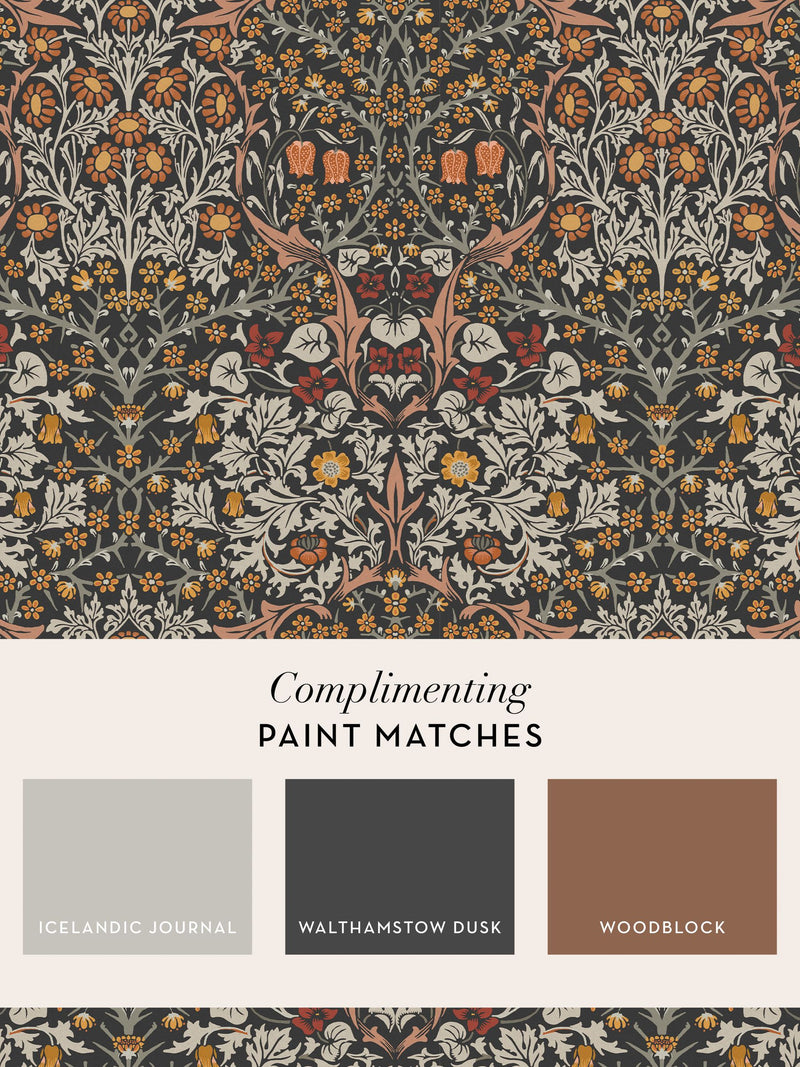 William Morris Blackthorn charcoal wallpaper sample A4, imported from the UK