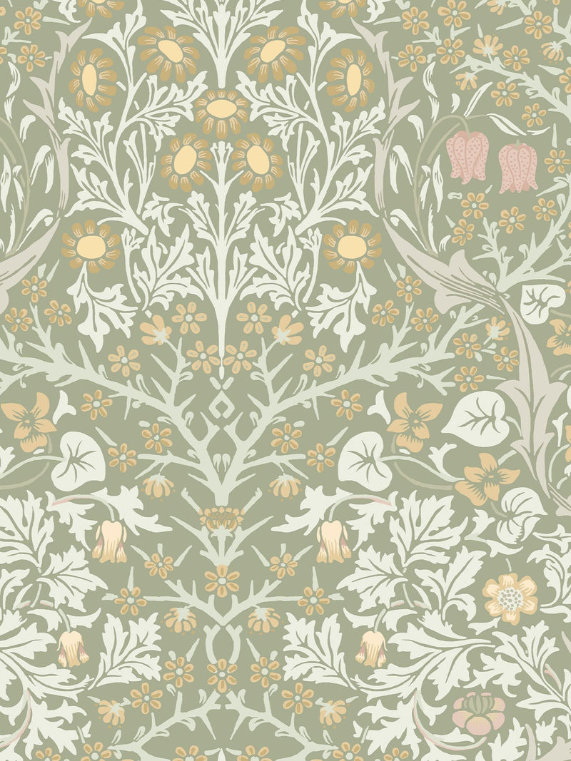 William Morris Blackthorn wallpaper sample A4 sage, UK version
