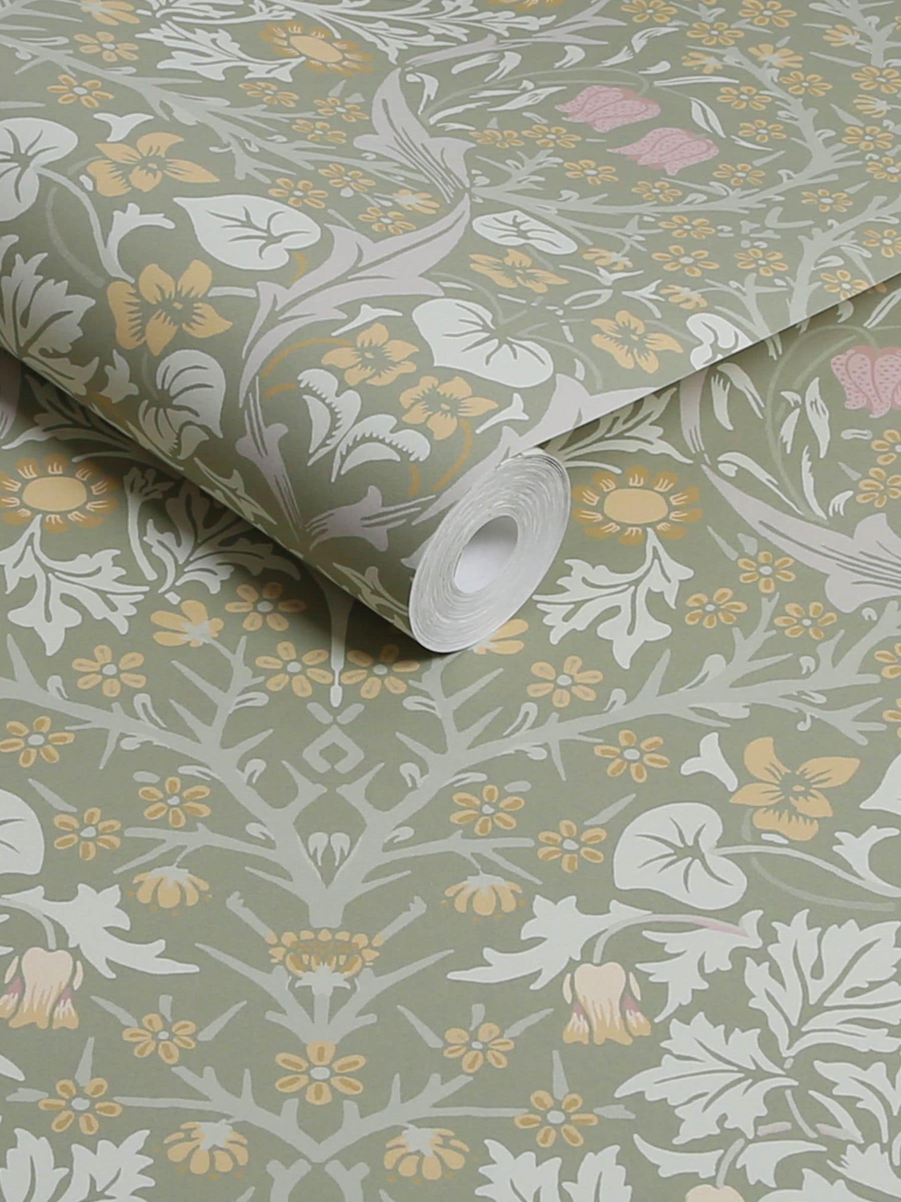 William Morris Blackthorn wallpaper sample A4 sage, UK version