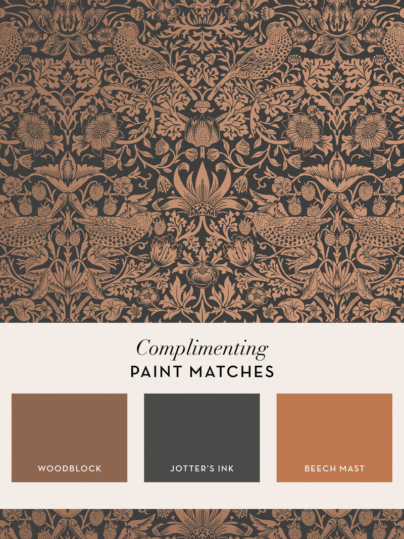 William Morris Strawberry Thief A4 wallpaper sample charcoal copper print, UK version