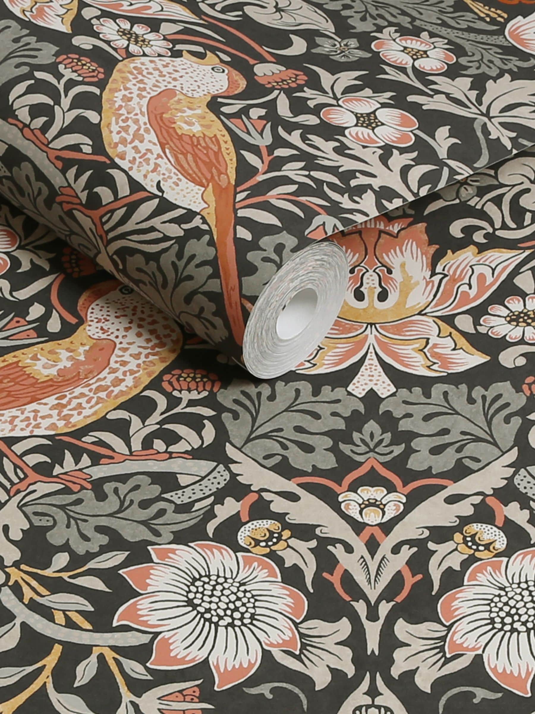 William Morris At Home Strawberry Thief charcoal wallpaper sample A4 (British brand)