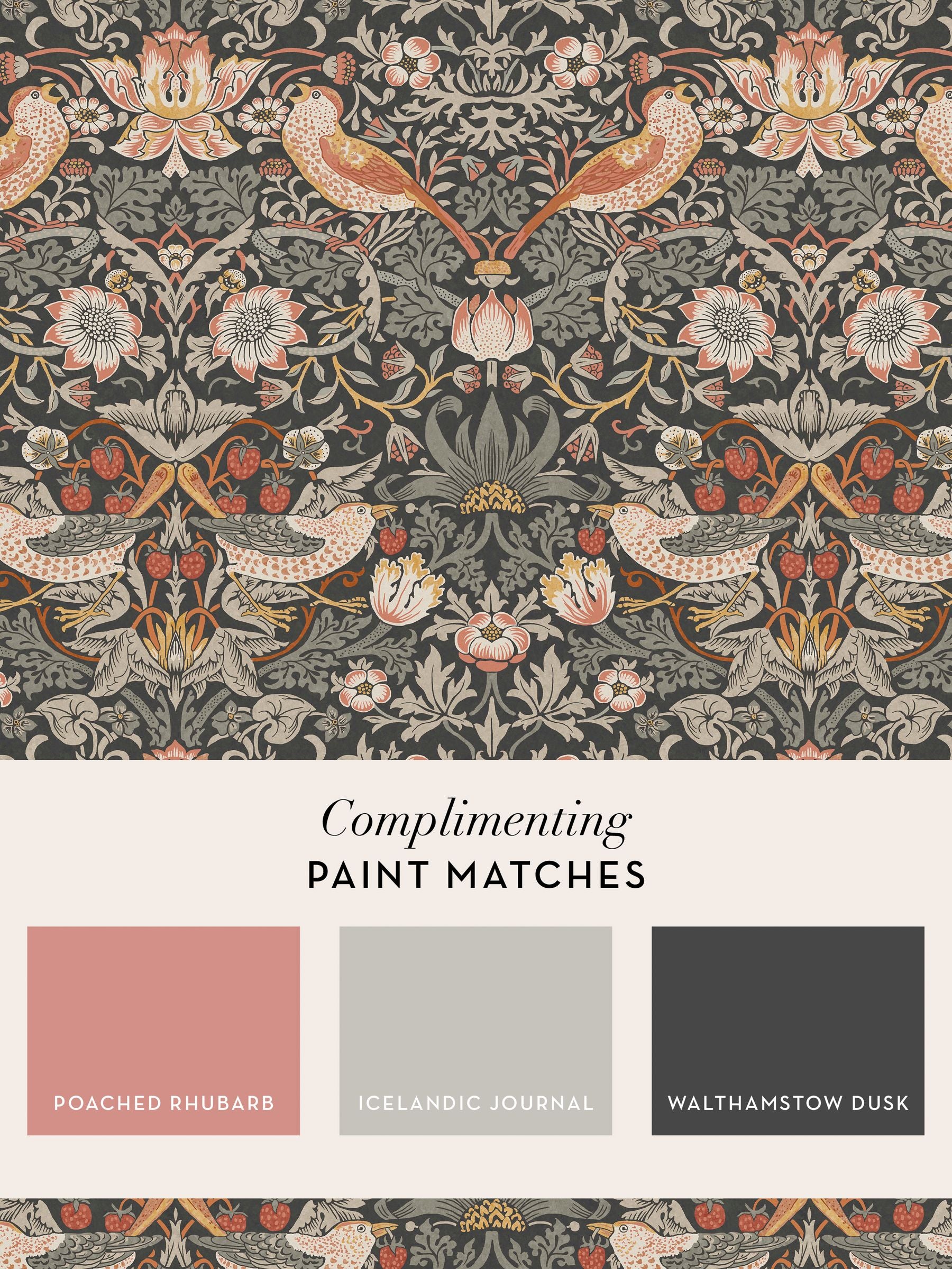 William Morris At Home Strawberry Thief charcoal wallpaper sample A4 (British brand)