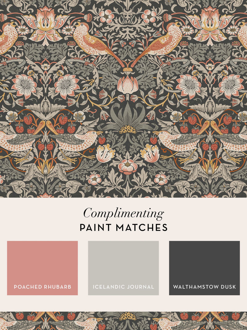 William Morris At Home Strawberry Thief charcoal wallpaper sample A4 (British brand)