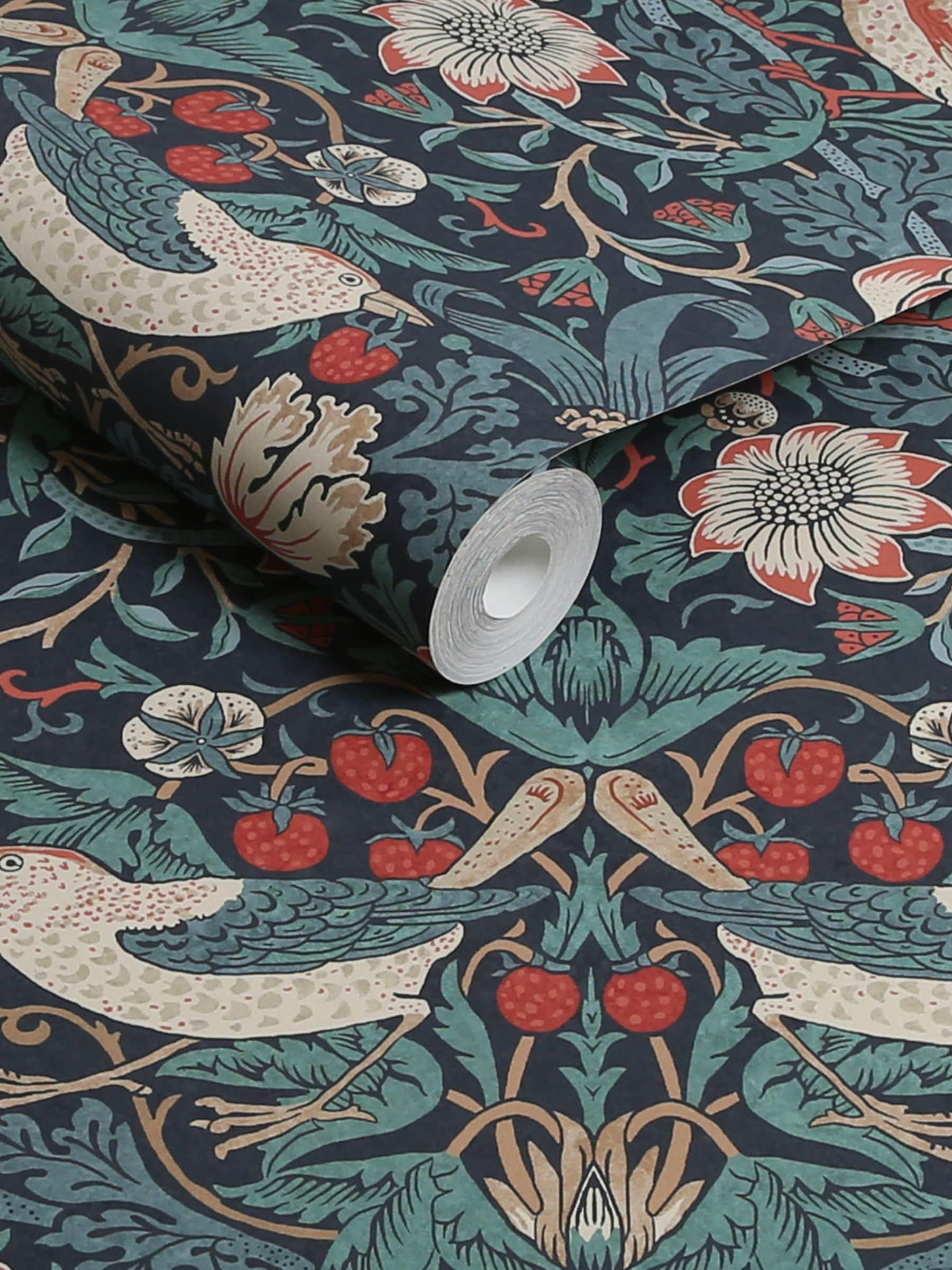 William Morris At Home Strawberry Thief deep blue A4 wallpaper sample, UK version