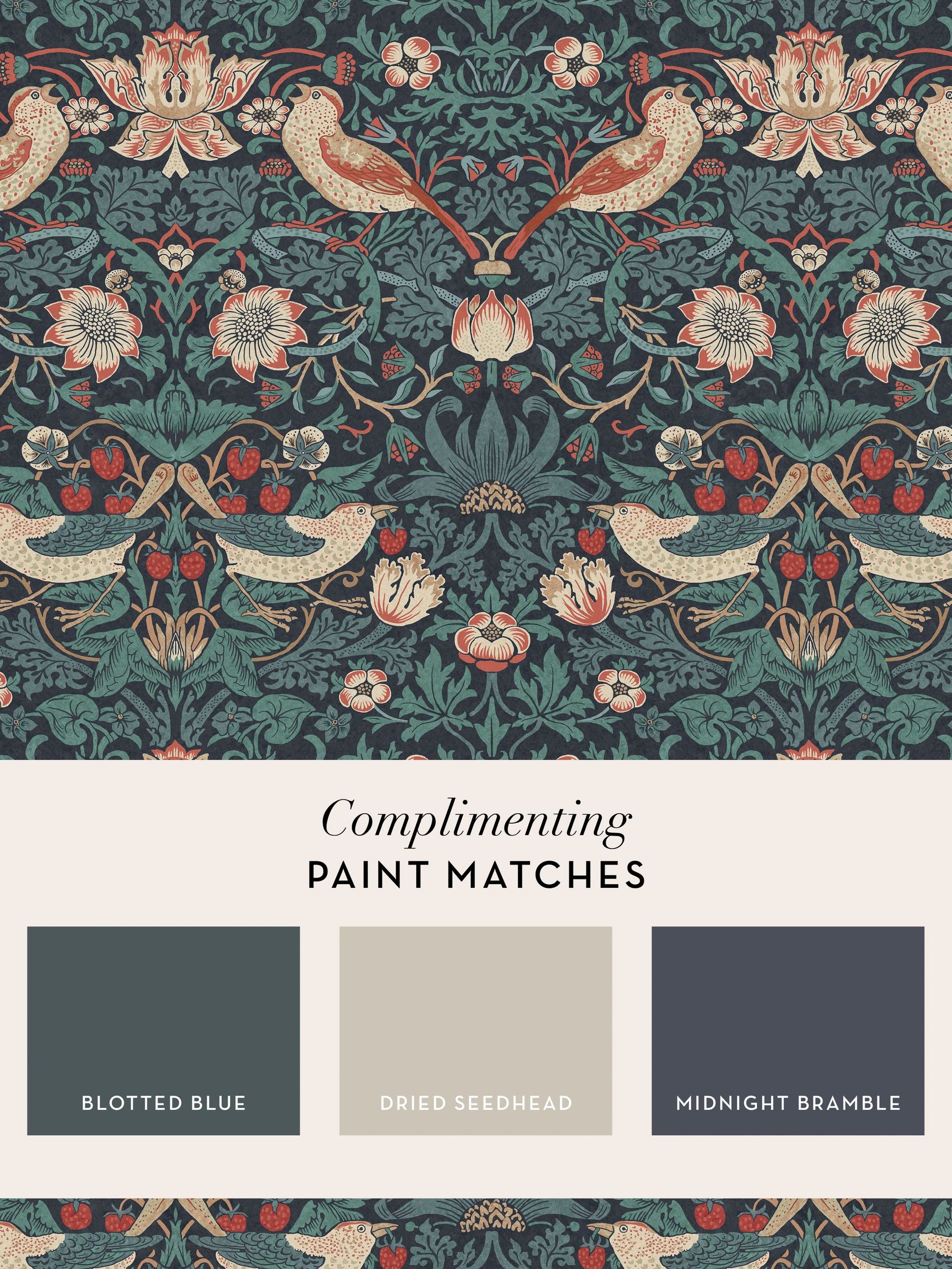 William Morris At Home Strawberry Thief deep blue A4 wallpaper sample, UK version