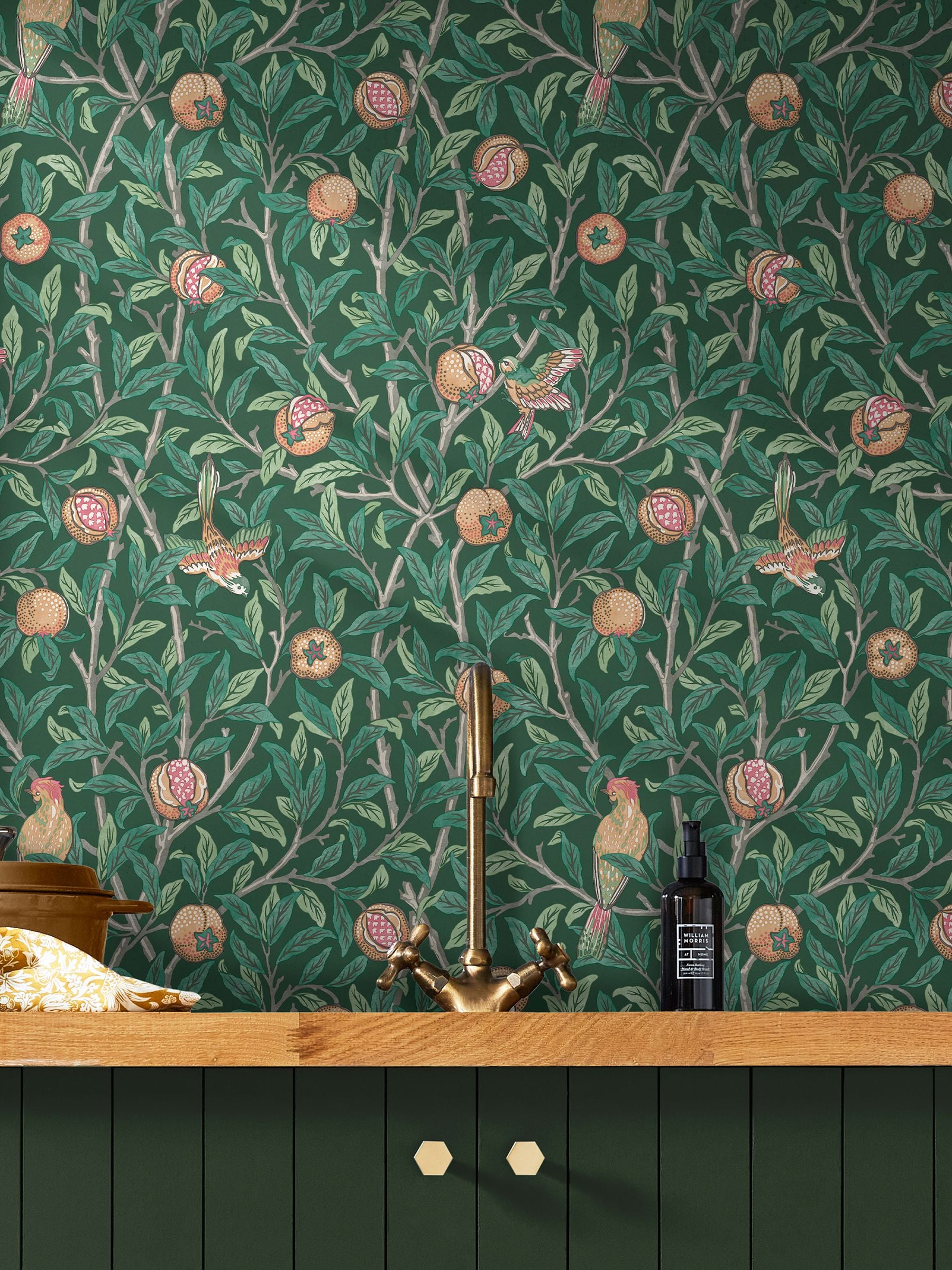 William Morris deep green bird and pomegranate wallpaper (British brand)