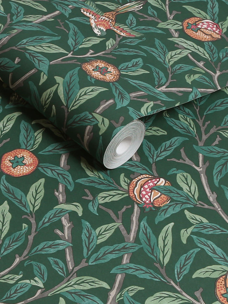 William Morris deep green bird and pomegranate wallpaper (British brand)