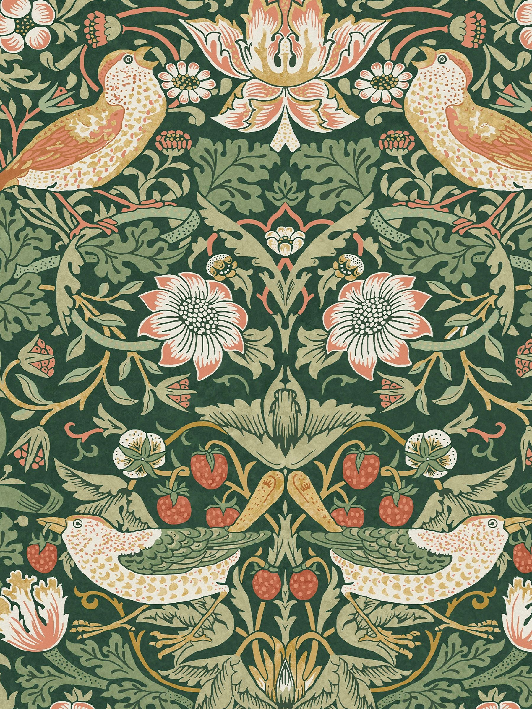 William Morris Strawberry Thief wallpaper in rich green 10m roll, UK version
