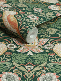 William Morris Strawberry Thief wallpaper in rich green 10m roll, UK version