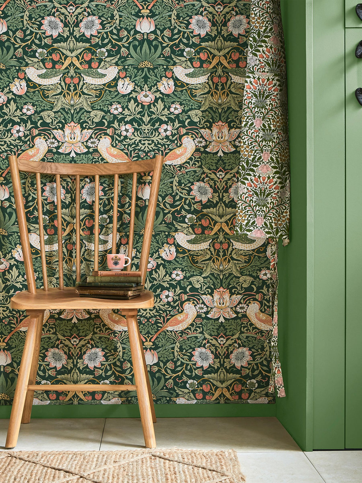 William Morris Strawberry Thief wallpaper in rich green 10m roll, UK version