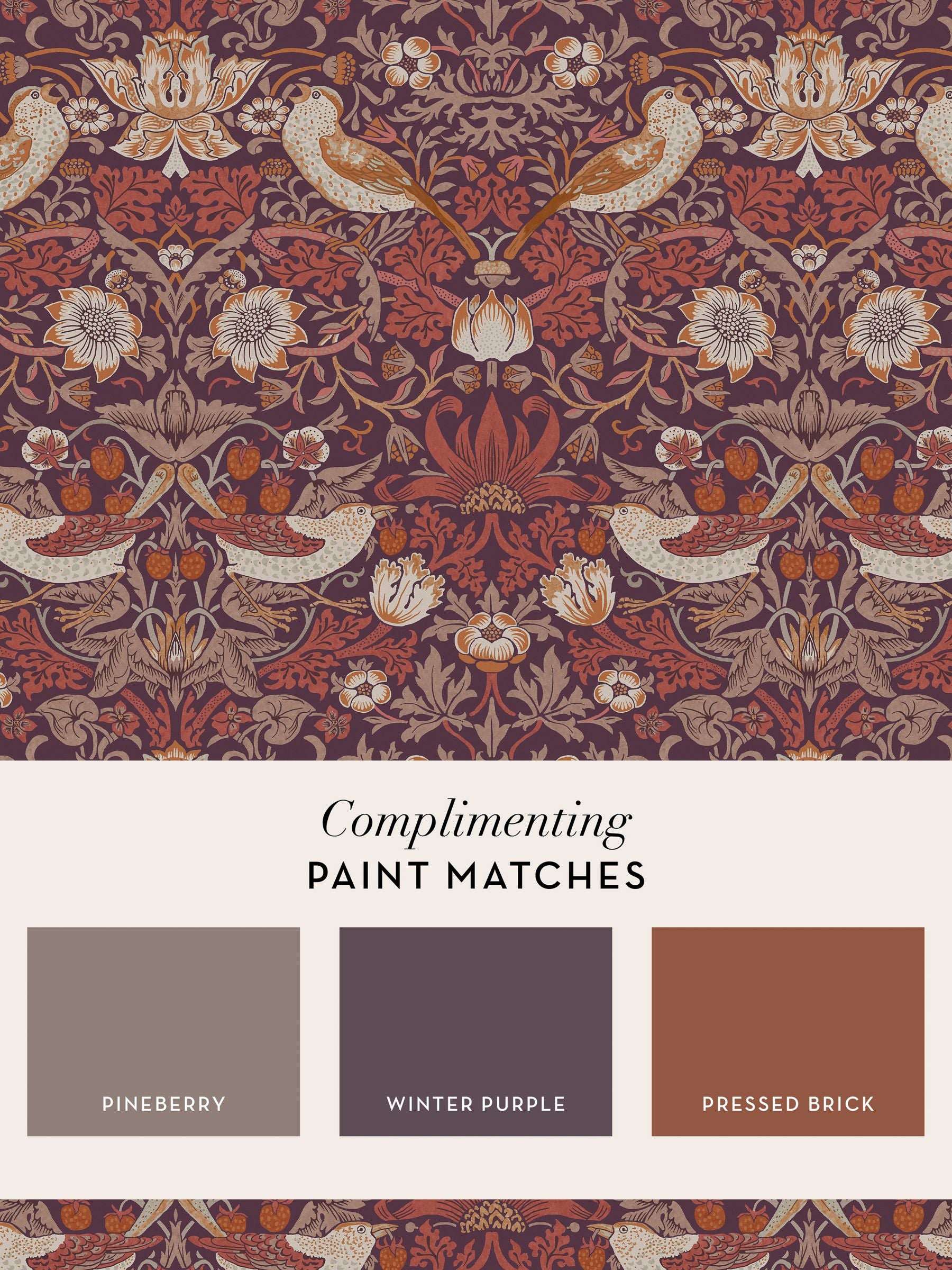 William Morris wallpaper Strawberry Thief Plum 10m, imported from the UK