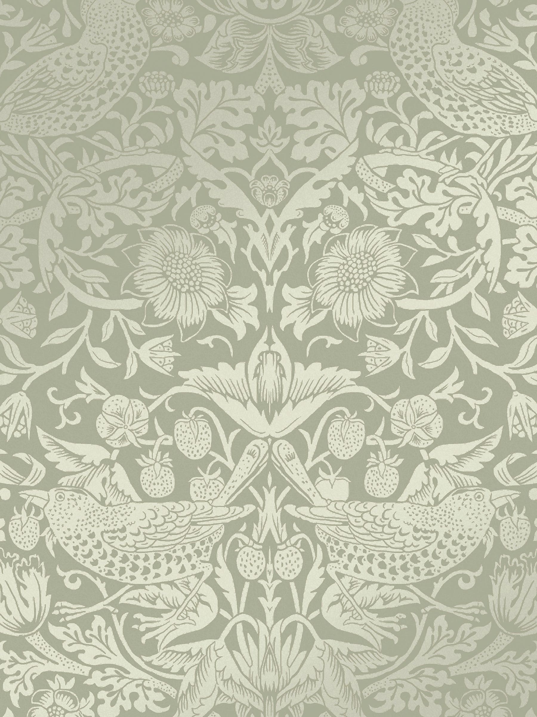 William Morris Strawberry Thief fibrous wallpaper in sage green, 10m roll, imported from the UK