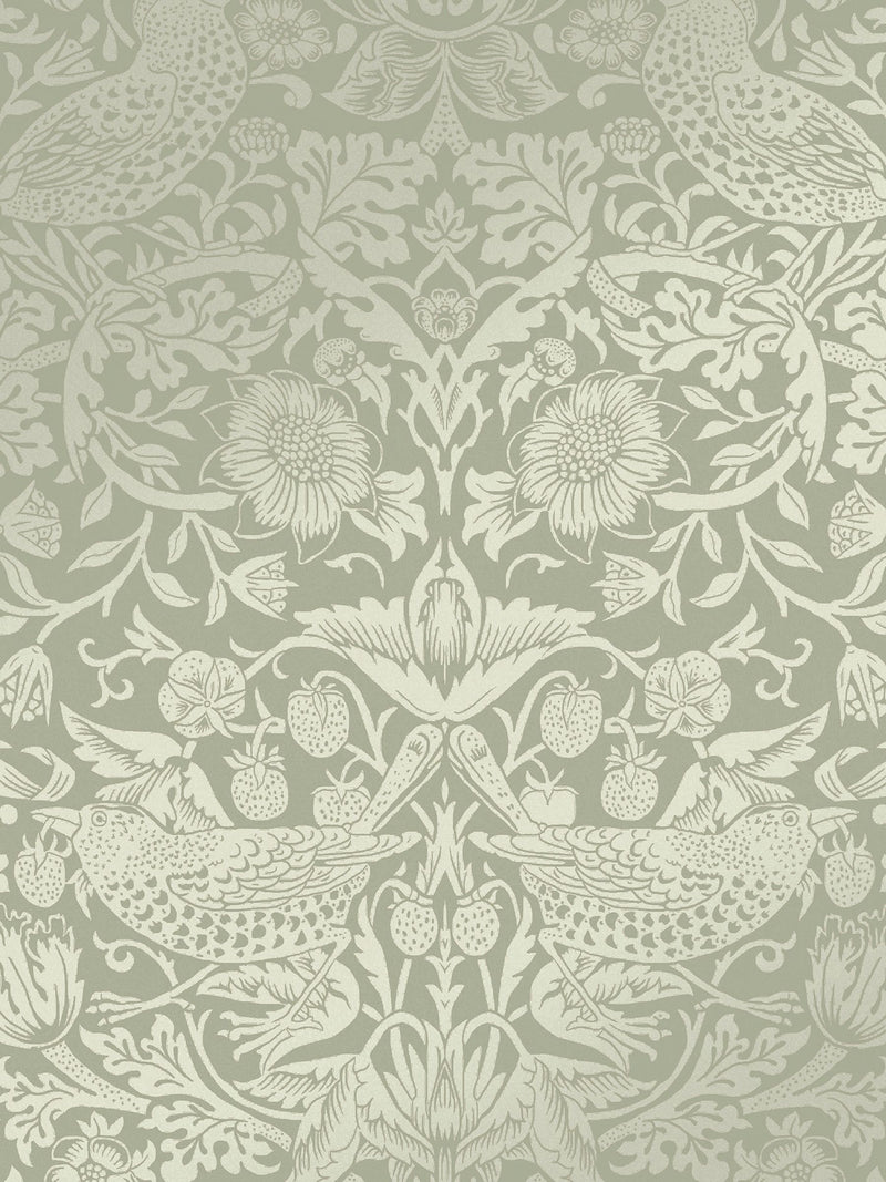 William Morris Strawberry Thief fibrous wallpaper in sage green, 10m roll, imported from the UK