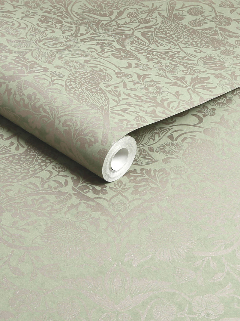 William Morris Strawberry Thief fibrous wallpaper in sage green, 10m roll, imported from the UK