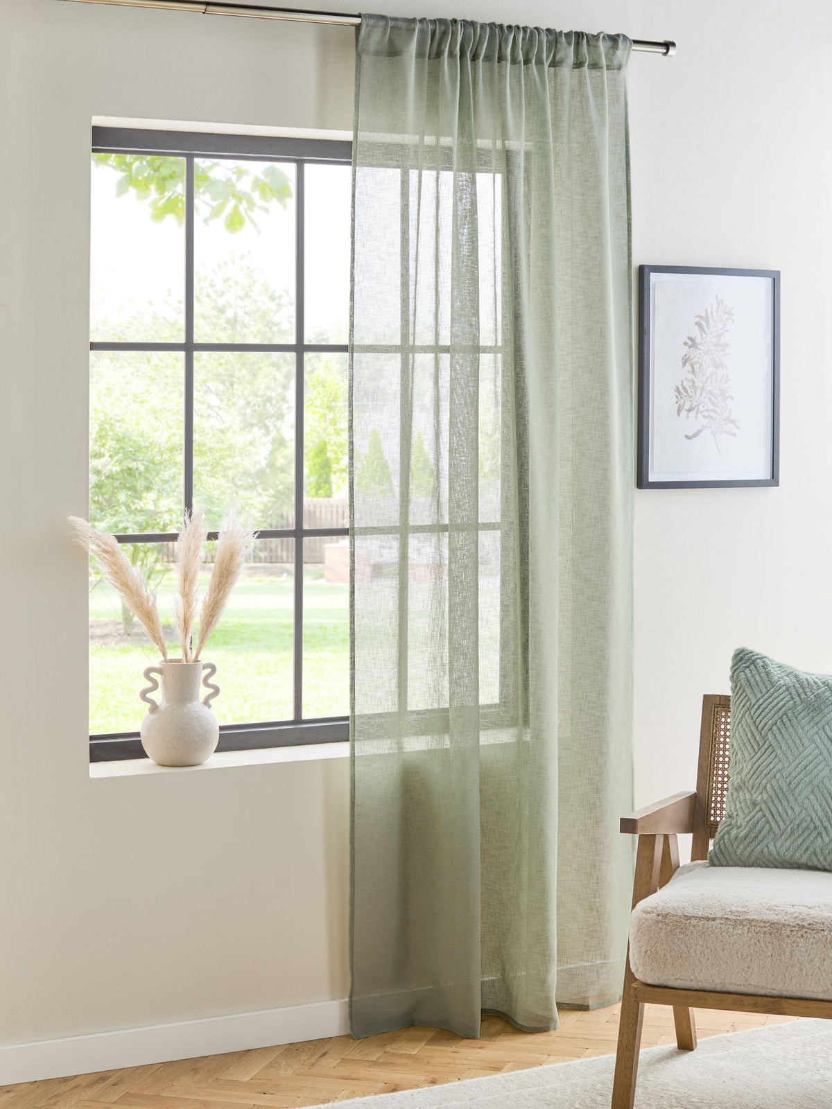 Sage green linen look voile sheer panel curtain (British brand)
