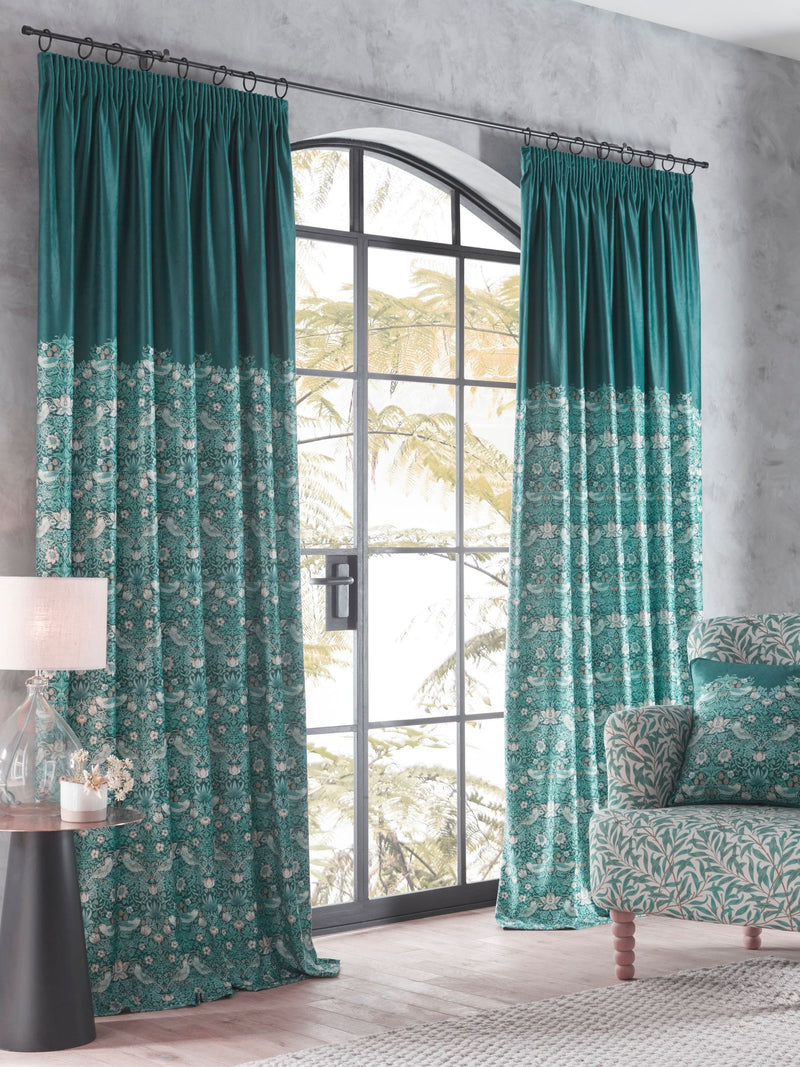 Clarke and Clarke Teal Strawberry Thief Pencil Pleat Curtains