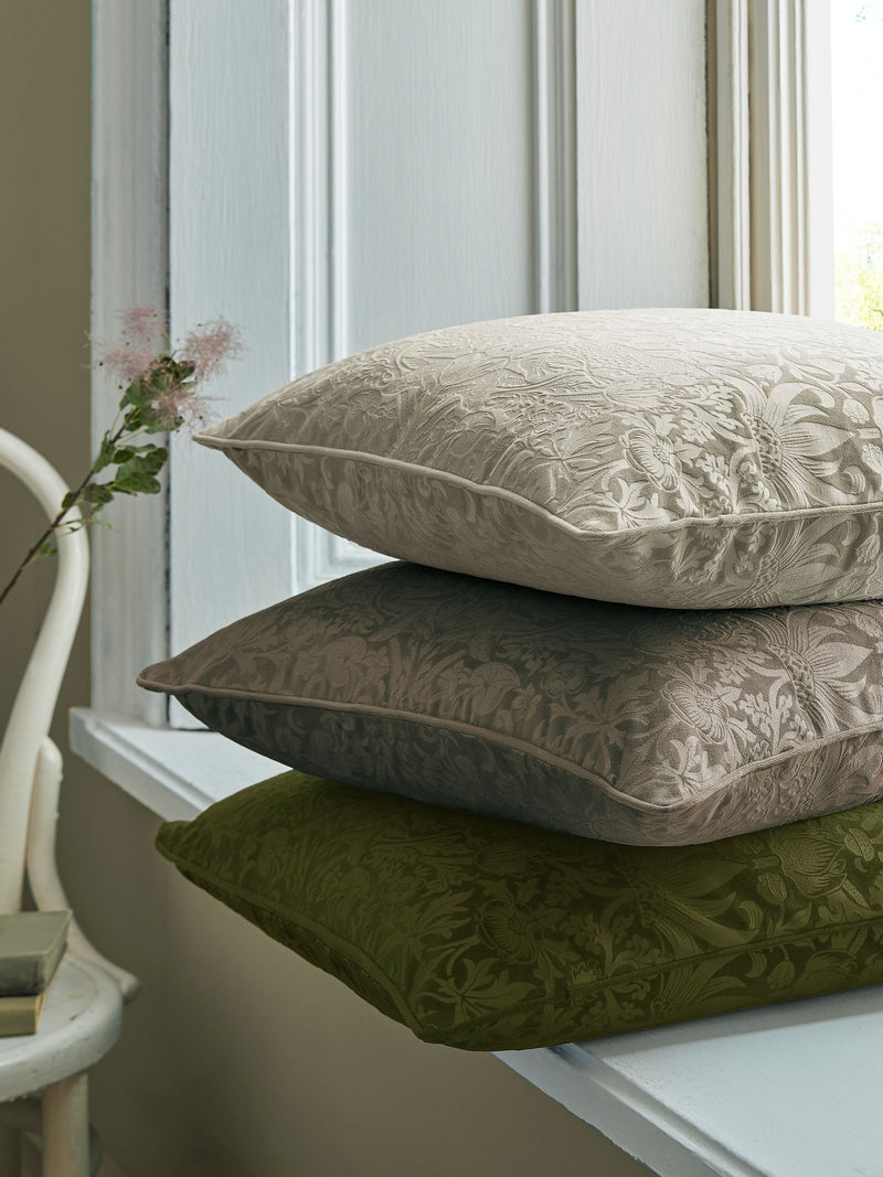 William Morris olive Strawberry Thief embossed cushion 50cm - British product