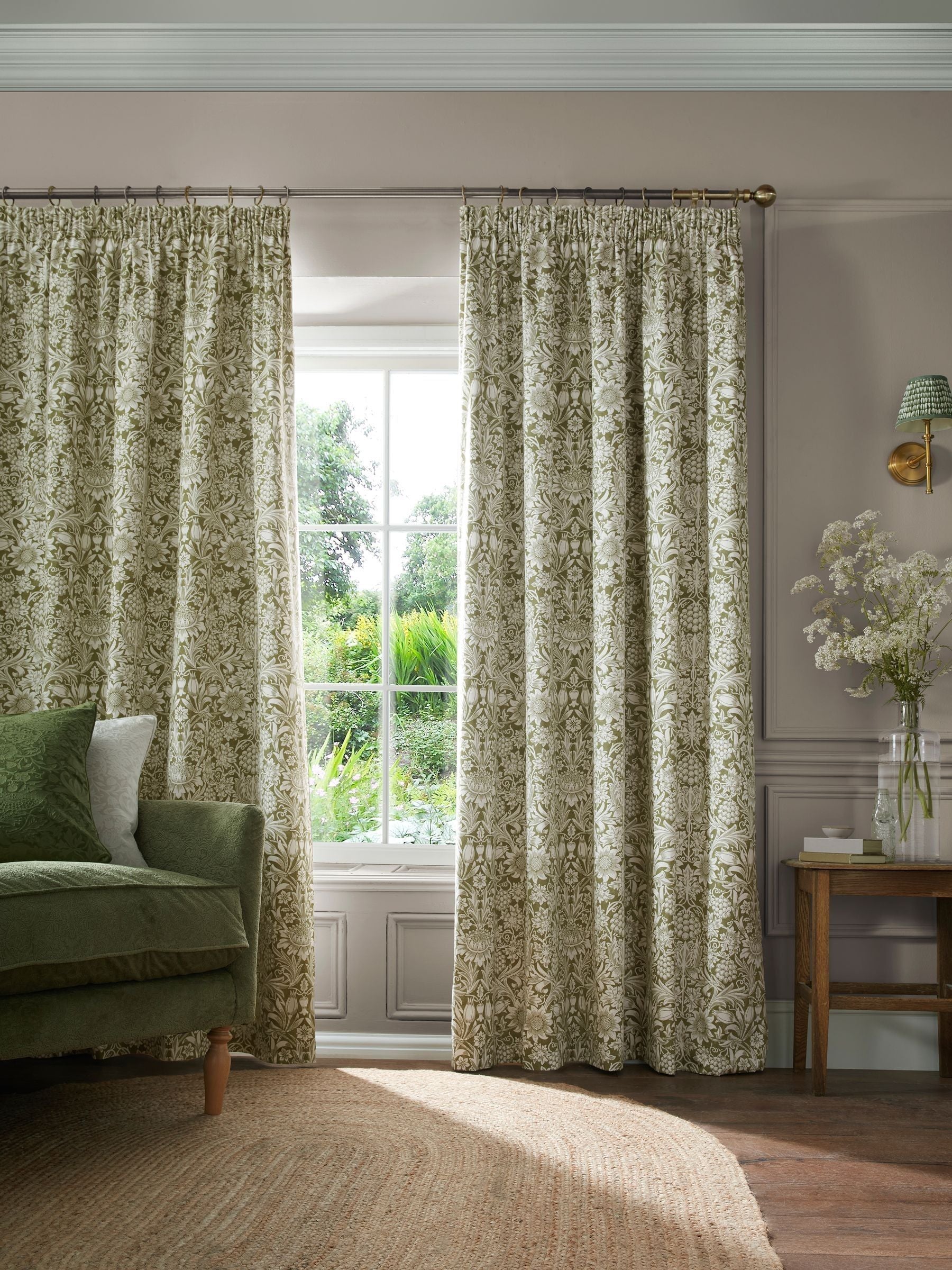 William Morris At Home dark olive sunflower blackout curtains (British brand)
