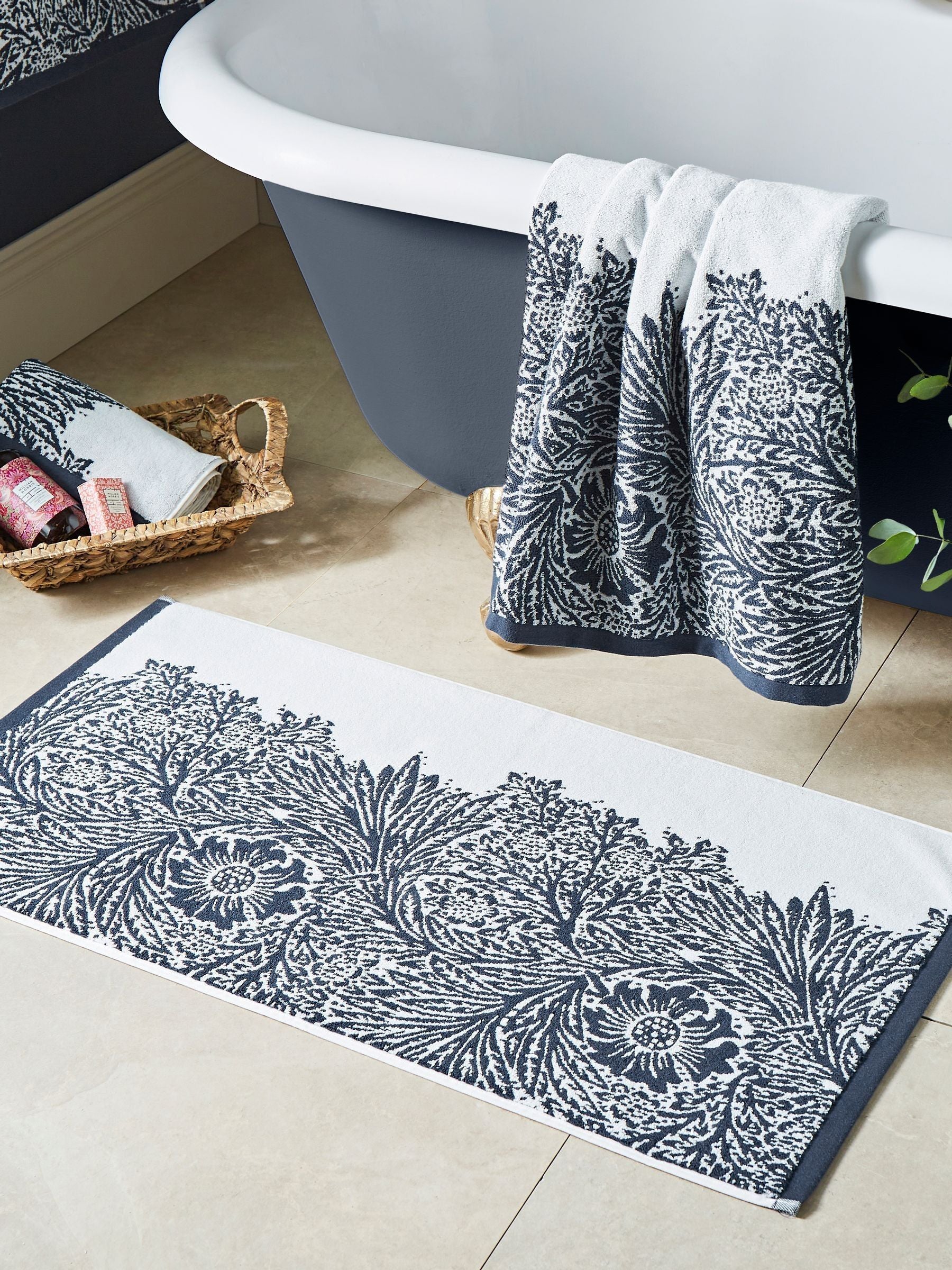 William Morris Prussian Blue Marigold bath mat 90x50cm, imported from the UK
