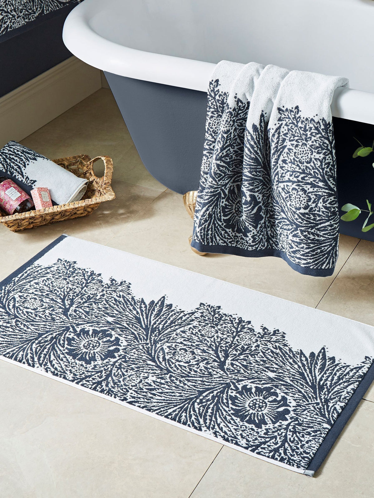 William Morris Prussian Blue Marigold bath mat 90x50cm, imported from the UK