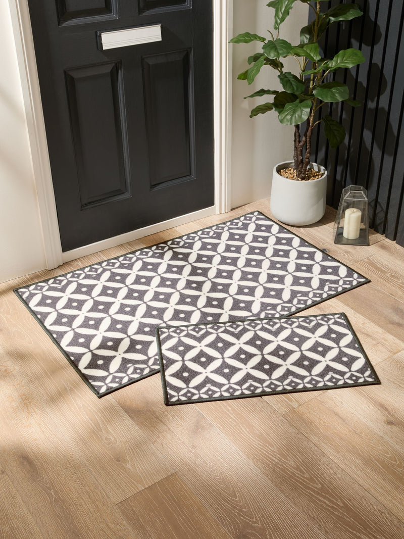 Grey washable tile doormat recycled nylon - British product
