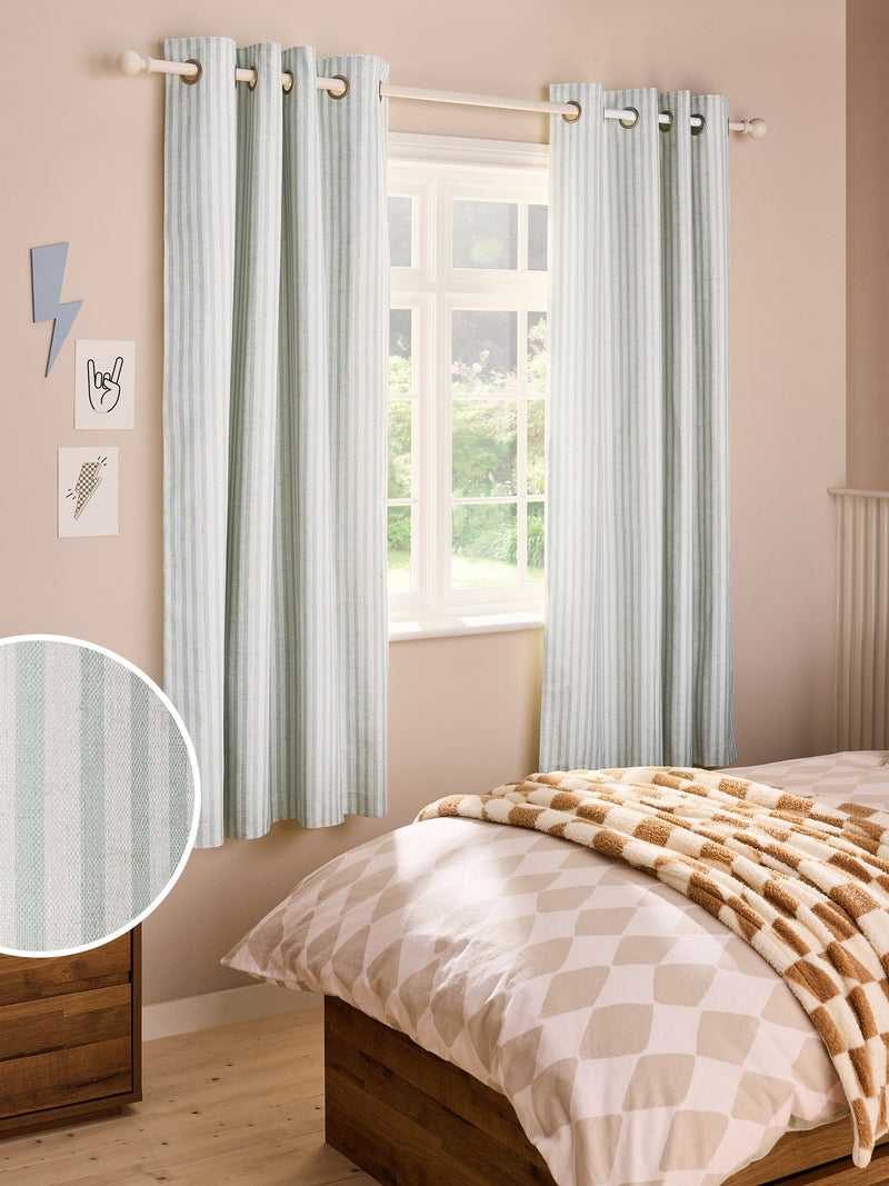 Sage stripe blackout curtains with metal eyelet header, imported from the UK