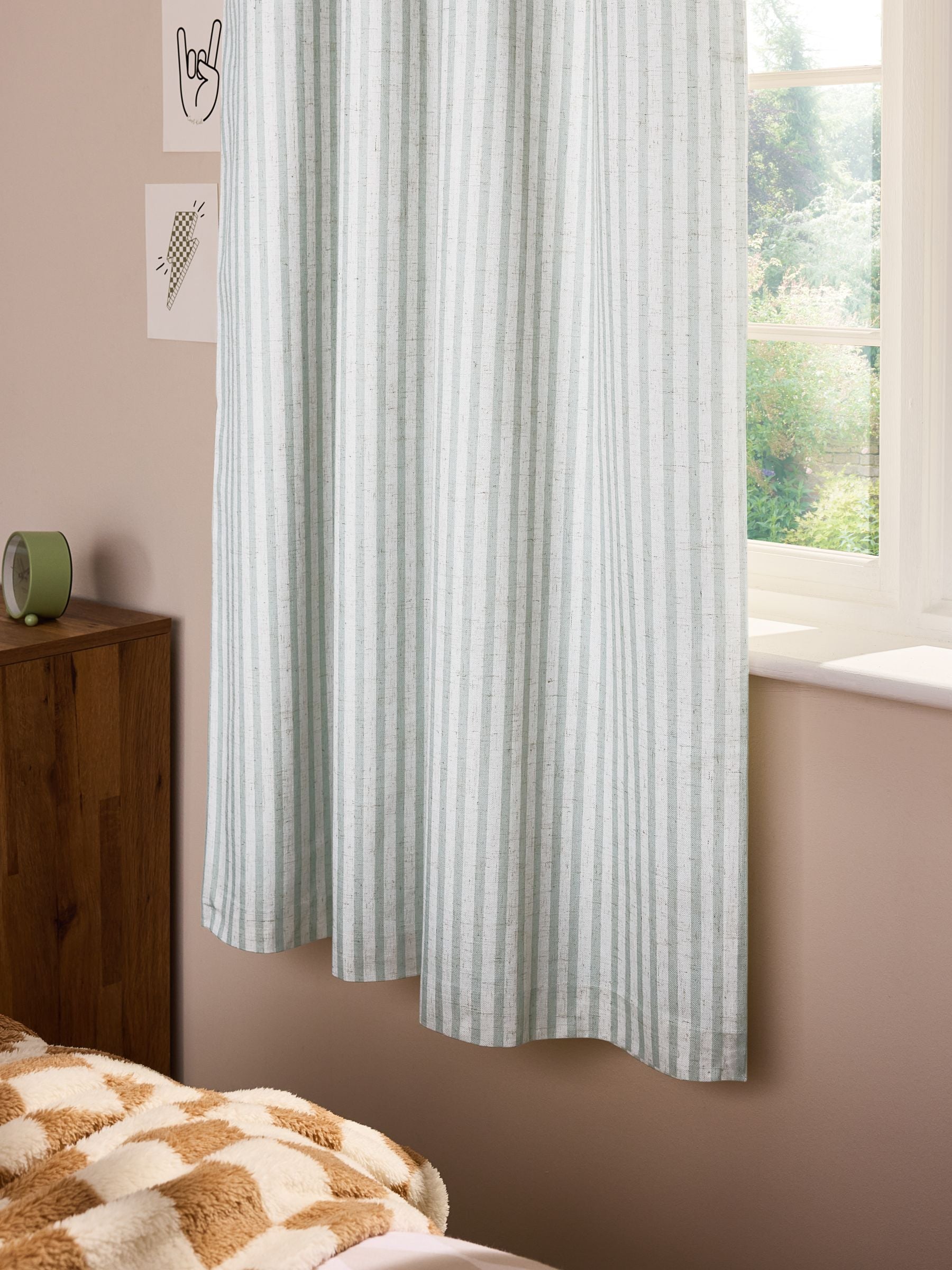 Sage stripe blackout curtains with metal eyelet header, imported from the UK