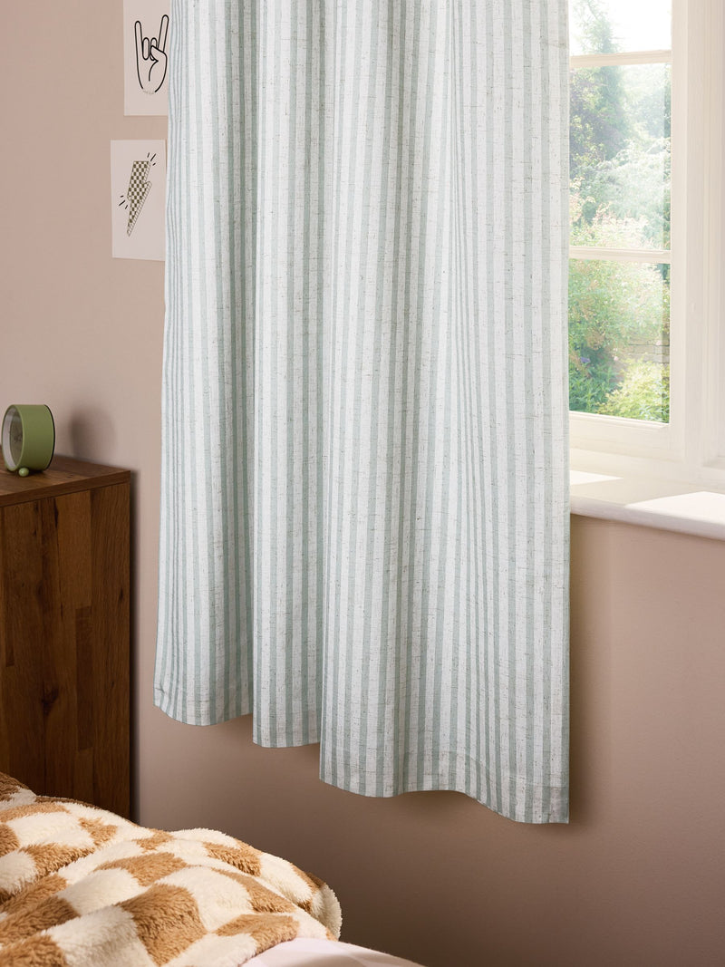 Sage stripe blackout curtains with metal eyelet header, imported from the UK