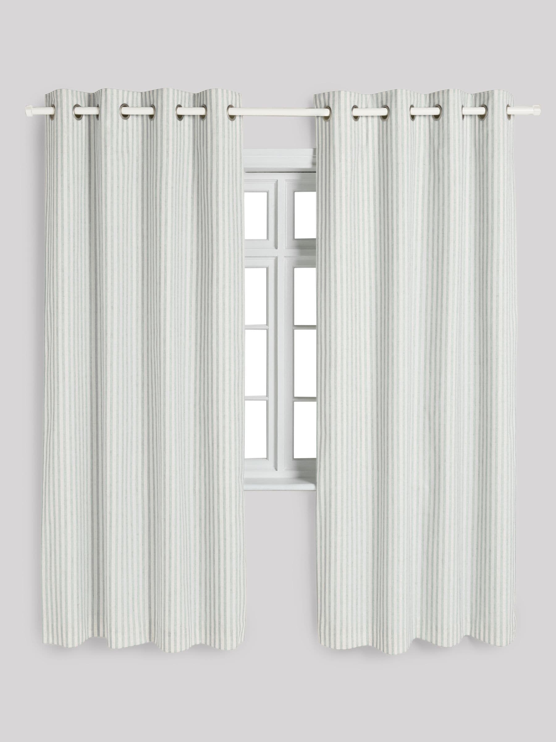 Sage stripe blackout curtains with metal eyelet header, imported from the UK