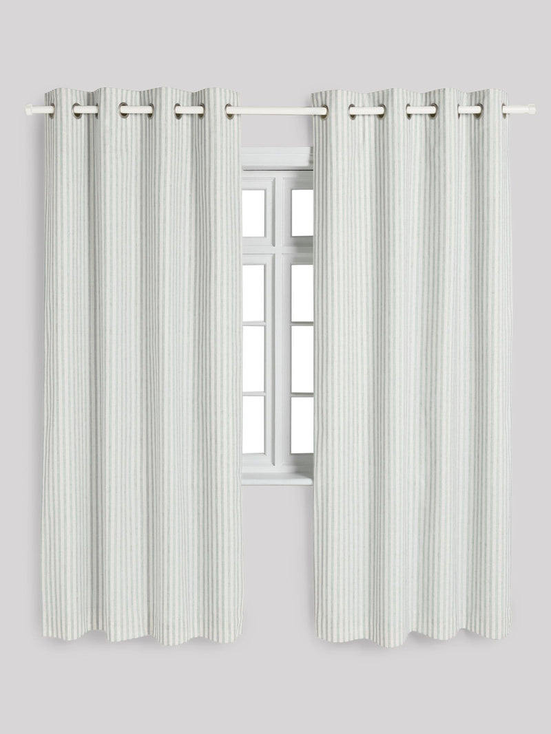 Sage stripe blackout curtains with metal eyelet header, imported from the UK