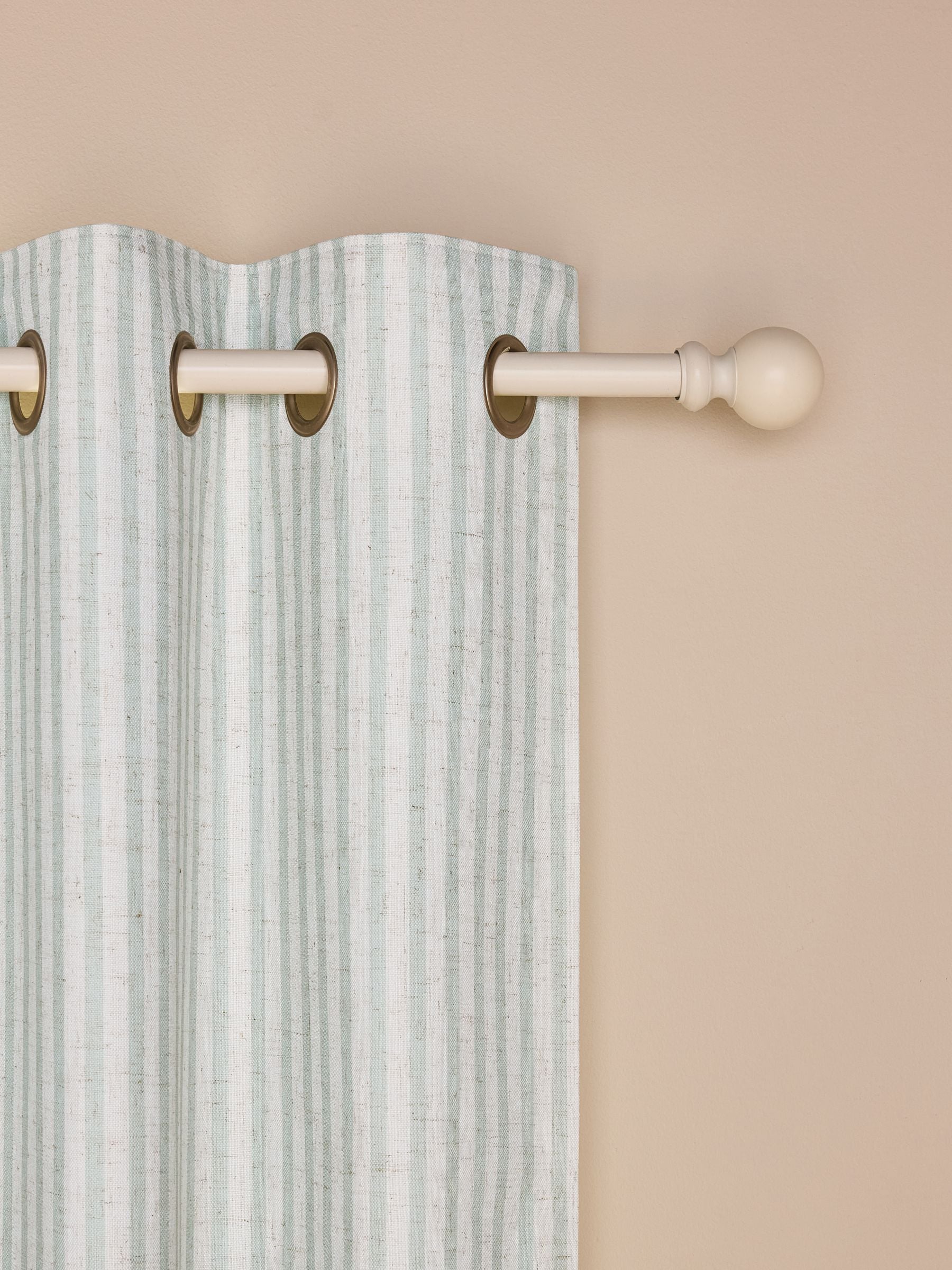 Sage stripe blackout curtains with metal eyelet header, imported from the UK