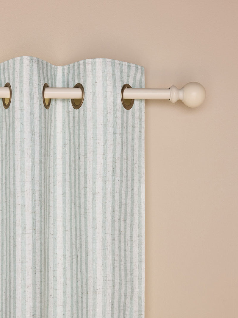 Sage stripe blackout curtains with metal eyelet header, imported from the UK