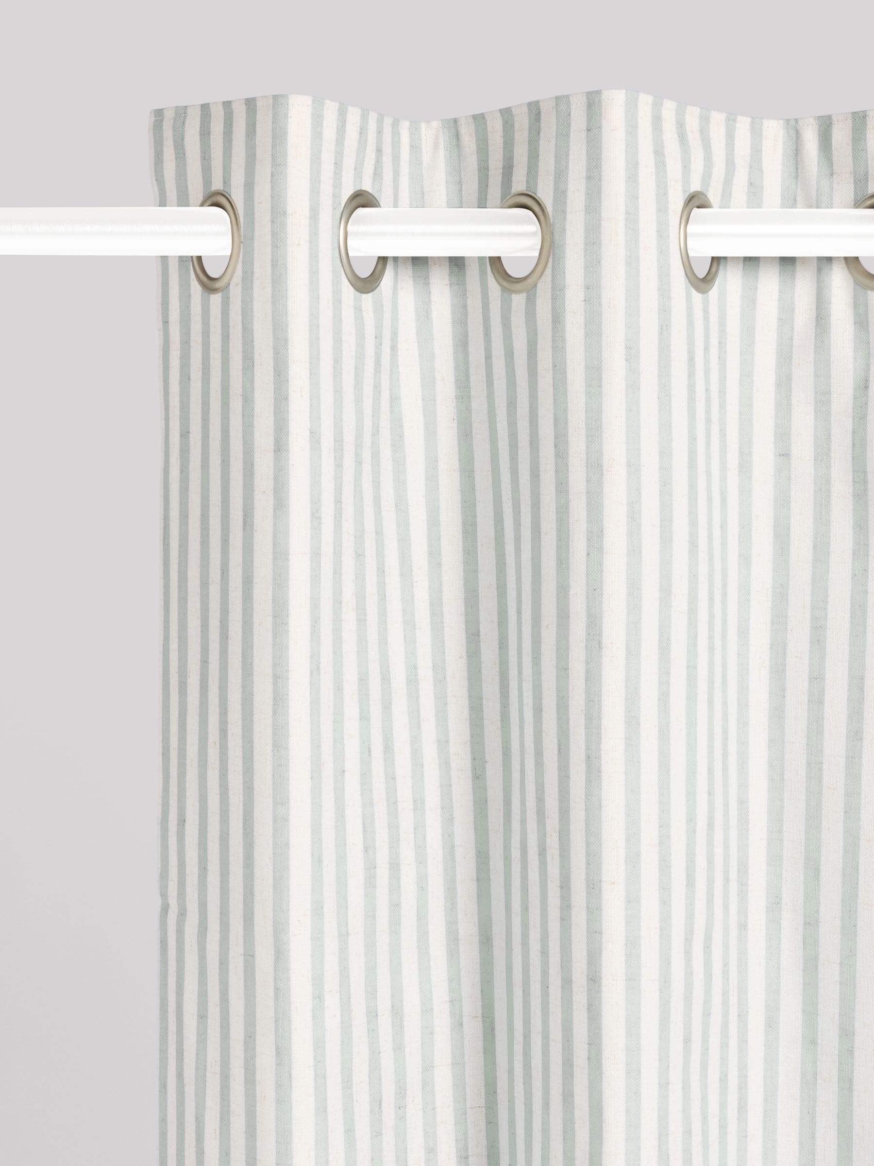 Sage stripe blackout curtains with metal eyelet header, imported from the UK