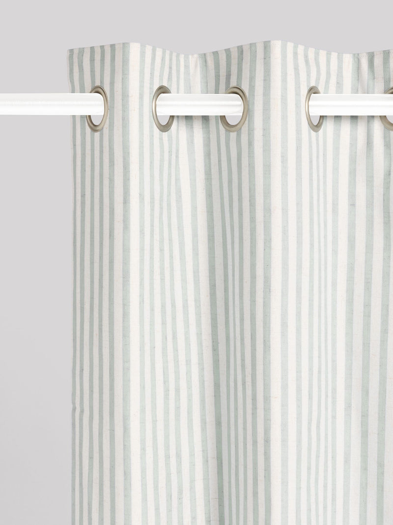 Sage stripe blackout curtains with metal eyelet header, imported from the UK
