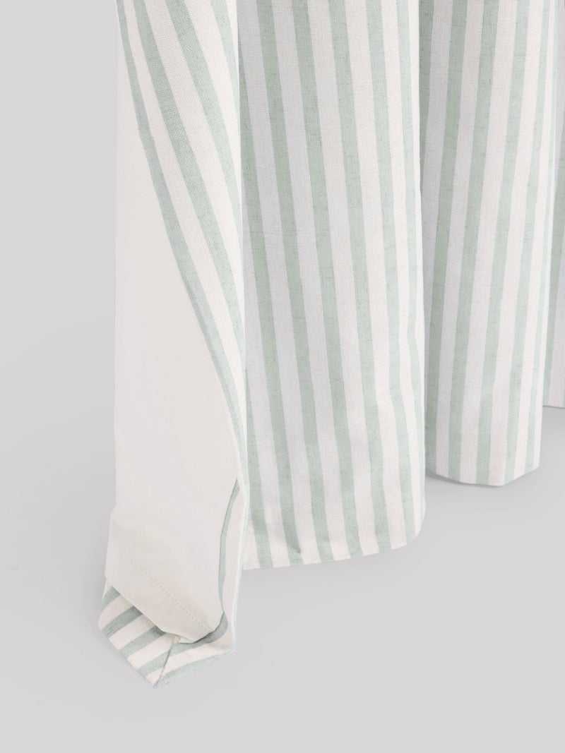 Sage stripe blackout curtains with metal eyelet header, imported from the UK