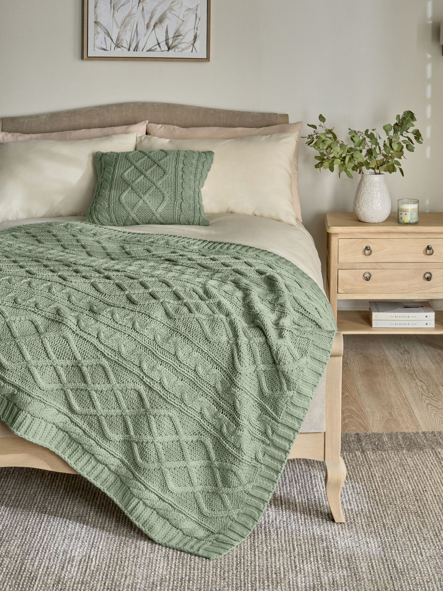 Sage green cable knit throw, 100% acrylic, British product