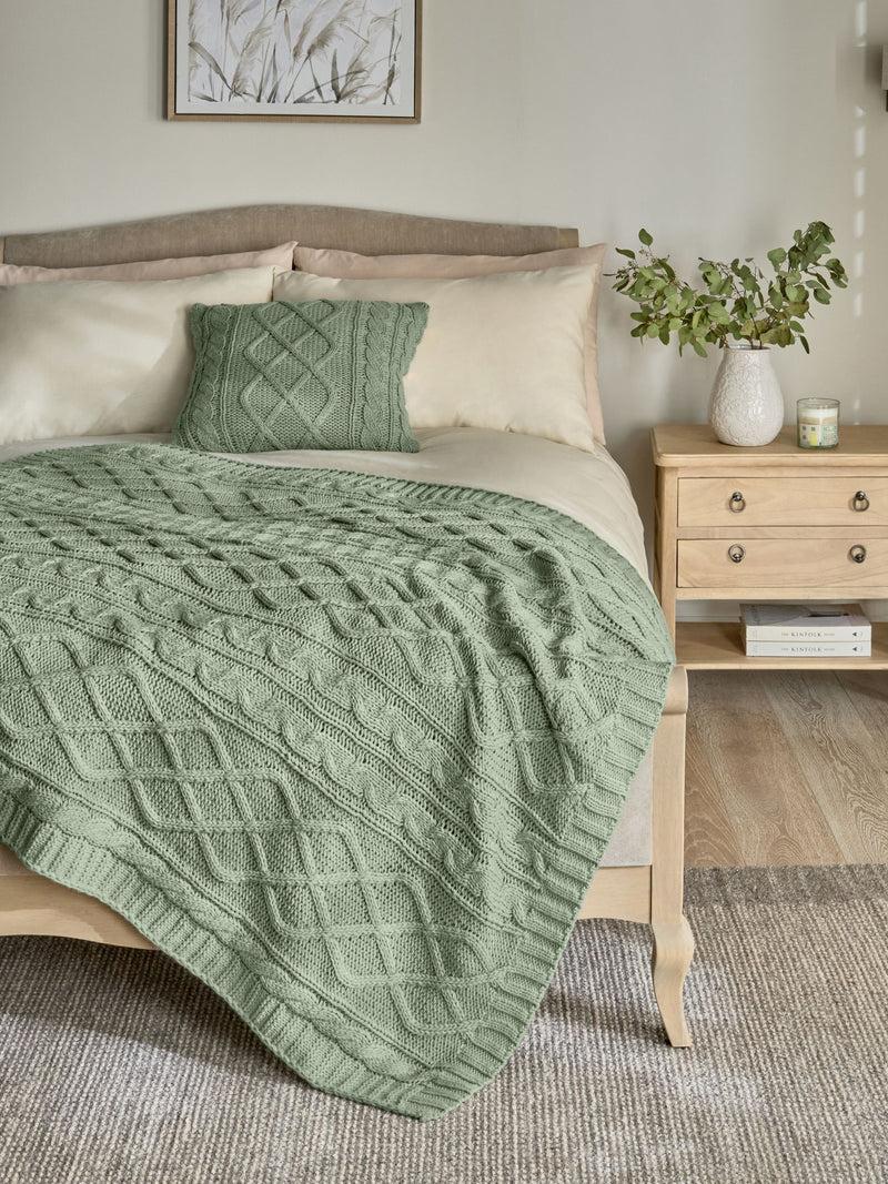Sage green cable knit throw, 100% acrylic, British product
