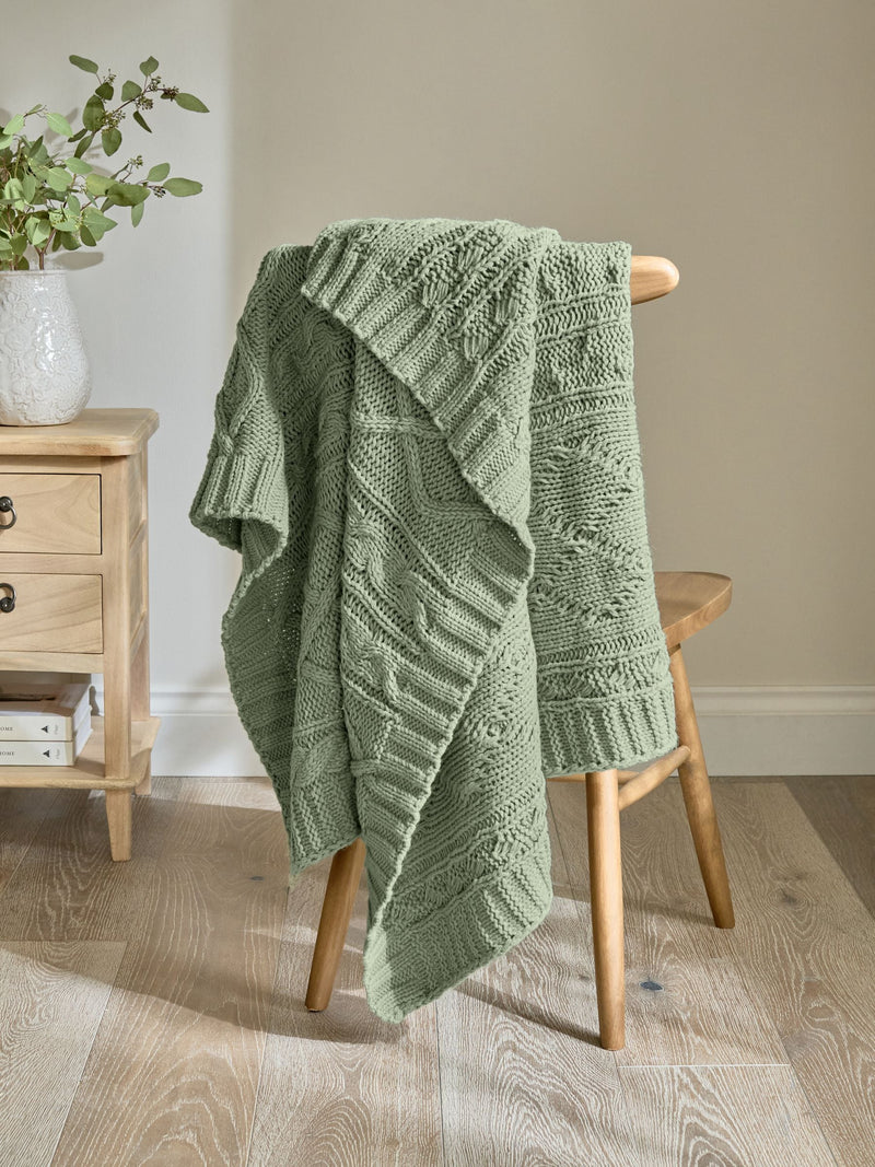 Sage green cable knit throw, 100% acrylic, British product