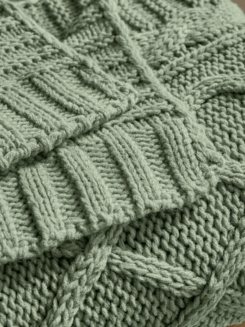 Sage green cable knit throw, 100% acrylic, British product