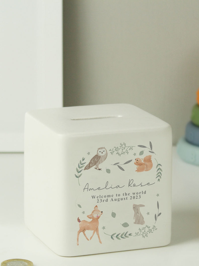 PMC personalised ceramic money box woodland animals design, imported from the UK