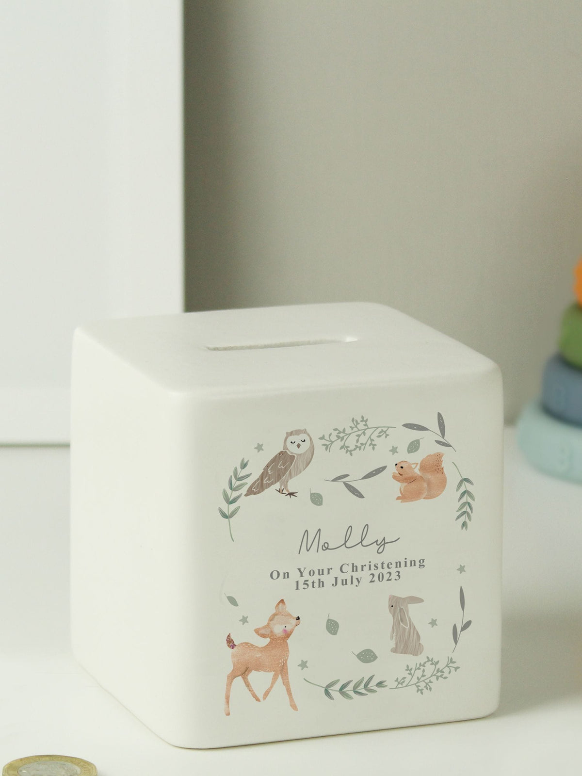 PMC personalised ceramic money box woodland animals design, imported from the UK