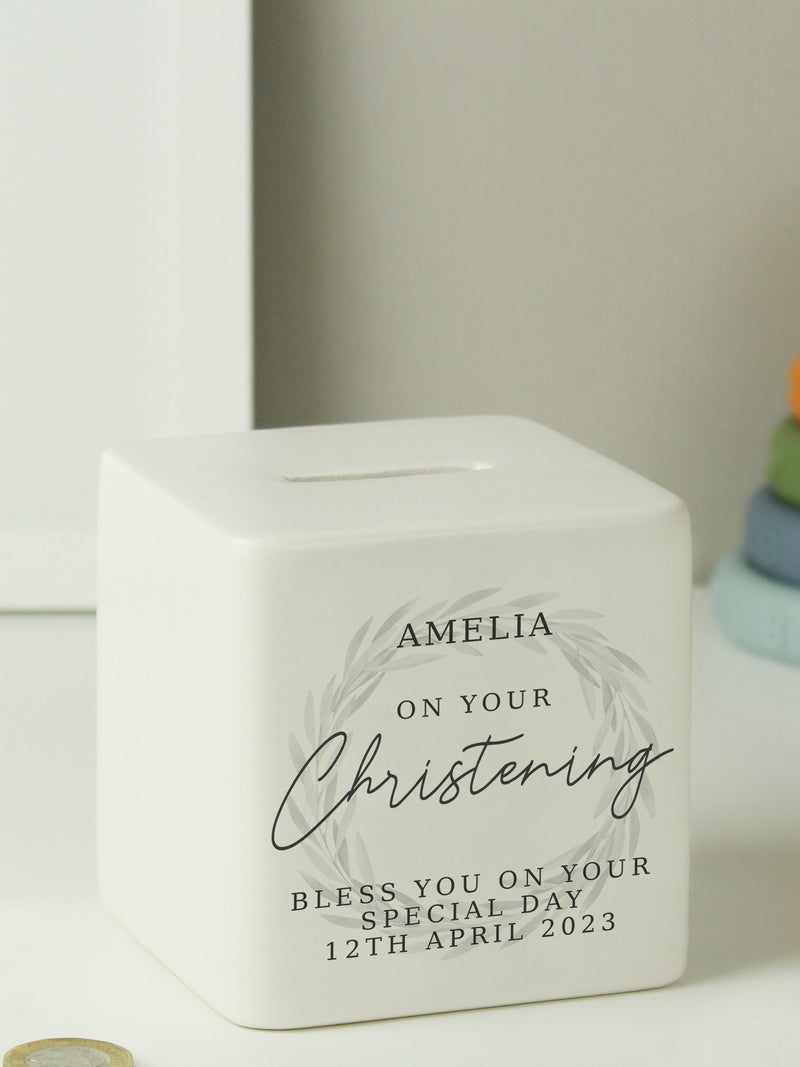 PMC personalised christening ceramic money box, imported from the UK