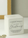 PMC personalised christening ceramic money box, imported from the UK